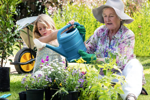 a young girl helping an elderly lady water some flowers